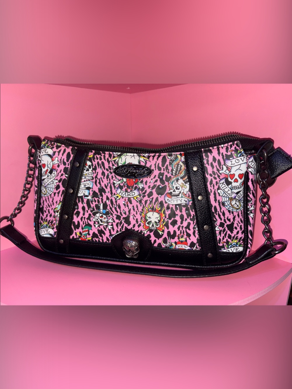 Ed Hardy Pink Tattoo-Print Shoulder Bag with Black Trim